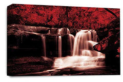 LR Waterfall Wall Art Canvas Picture Red Forest Landscape Grey White Framed Canvas Print Ready to Hang