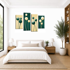 LR Floral Rose Wall Art Picture – Green & Cream Framed 4 Panel Split Canvas Print | Ready to Hang | Modern Wall Art for Living Room, Bedroom & Office