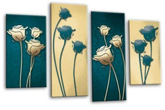 LR Floral Rose Wall Art Picture – Teal & Cream Framed 4 Panel Split Canvas Print | Ready to Hang | Modern Wall Art for Living Room, Bedroom & Office