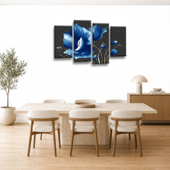 LR Floral Rose Blue Wall Art Picture Framed 4 Panel Split Canvas Print | Ready to Hang | Modern Wall Art for Living Room, Bedroom & Office