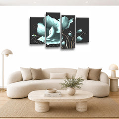 LR Floral Rose Wall Art Picture – Duck Egg Framed 4 Panel Split Canvas Print | Ready to Hang | Modern Wall Art for Living Room, Bedroom & Office