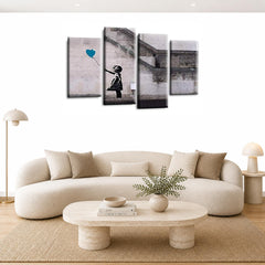 LR Banksy Wall Art Picture – Grey & Teal Graffiti Art Framed 4 Panel Split Canvas Print | Ready to Hang | Modern Wall Art for Living Room, Bedroom & Office