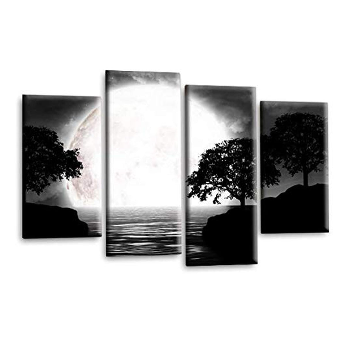 LR Landscape Wall Art Picture – Grey, Black & White Floral Framed 4 Panel Split Canvas Print | Ready to Hang | Modern Wall Art for Living Room, Bedroom & Office