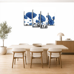 LR Floral Rose Poppy Wall Art Picture – Blue & White Framed 4 Panel Split Canvas Print | Ready to Hang | Modern Wall Art for Living Room, Bedroom & Office