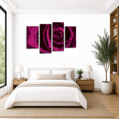 LR Floral Rose Wall Art Picture – Purple & Grey Framed 4 Panel Split Canvas Print | Ready to Hang | Modern Wall Art for Living Room, Bedroom & Office
