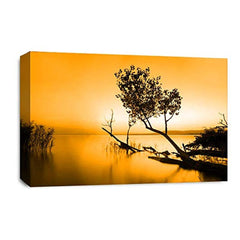LR Seascape Landscape Sunset Wall Art Picture – Grey & Orange Framed Canvas Print | Ready to Hang | Modern Wall Art for Living Room, Bedroom & Office