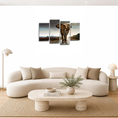 LR Elephant Sunset Wall Art Picture – Grey & Brown African Framed 4 Panel Split Canvas Print | Ready to Hang | Modern Wall Art for Living Room, Bedroom & Office