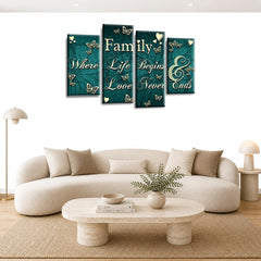 LR Family Love Quote Wall Art Picture – Teal & Cream Framed 4 Panel Split Canvas Print | Ready to Hang | Modern Wall Art for Living Room, Bedroom & Office