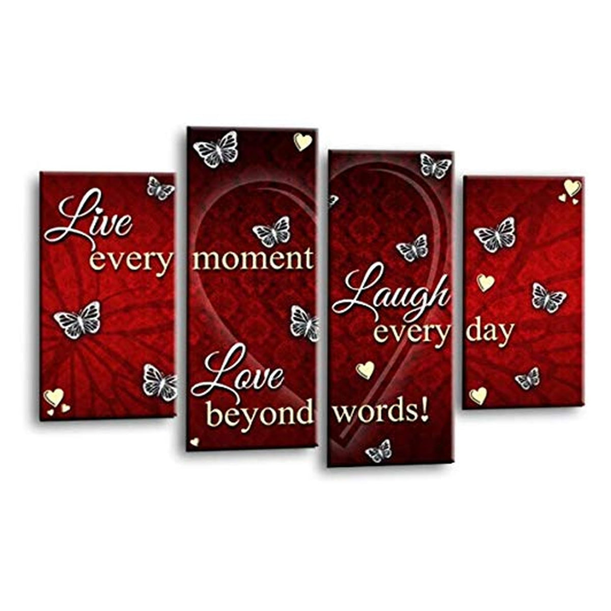 LR Live Laugh Wall Art Picture – Grey, Red & White Love Quote Framed 4 Panel Split Canvas Print | Ready to Hang | Modern Wall Art for Living Room, Bedroom & Office
