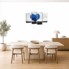 LR Floral Love Heart Wall Art Picture – Grey, Blue & White Tree Framed 4 Panel Split Canvas Print | Ready to Hang | Modern Wall Art for Living Room, Bedroom & Office