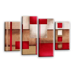 LR Red Abstract Wall Art Picture – Cream Modern Framed 4 Panel Split Canvas Print | Ready to Hang | Modern Wall Art for Living Room, Bedroom & Office