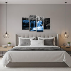 LR Blue Waterfall Wall Art Picture – Black & White Forest Framed 4 Panel Split Canvas Print | Ready to Hang | Modern Wall Art for Living Room, Bedroom & Office