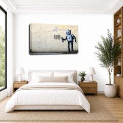 LR Banksy Robot Wall Art Picture – Grey & White Graffiti Art Framed Canvas Print | Ready to Hang | Modern Wall Art for Living Room, Bedroom & Office