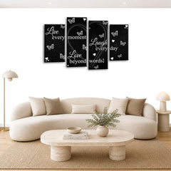 LR Live Laugh Wall Art Picture – Black & White Love Quote Framed 4 Panel Split Canvas Print | Ready to Hang | Modern Wall Art for Living Room, Bedroom & Office