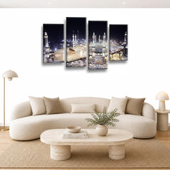 LR Mecca Islamic Wall Art Picture Framed 4 Panel Split Canvas Print | Ready to Hang | Modern Wall Art for Living Room, Bedroom & Office
