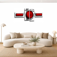 LR Red Abstract Wall Art Picture – Black & White Modern Framed 4 Panel Split Canvas Print | Ready to Hang | Modern Wall Art for Living Room, Bedroom & Office