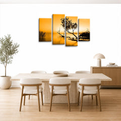 LR Sunset Landscape Lake Wall Art Picture – Brown & Orange Floral Framed 4 Panel Split Canvas Print | Ready to Hang | Modern Wall Art for Living Room, Bedroom & Office