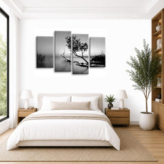 LR Sunset Landscape Lake Wall Art Picture – Grey & Brown Floral Framed 4 Panel Split Canvas Print | Ready to Hang | Modern Wall Art for Living Room, Bedroom & Office