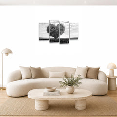 LR Floral Love Heart Wall Art Picture – Grey & White Tree Framed 4 Panel Split Canvas Print | Ready to Hang | Modern Wall Art for Living Room, Bedroom & Office
