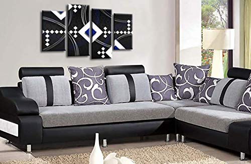 LR Abstract Wall Art Print Blue Black White Stripes Checks Framed Split Panel Picture Ready to Hang