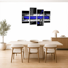 LR Abstract Wall Art Picture – Blue, Black & White Modern Framed 4 Panel Split Canvas Print | Ready to Hang | Modern Wall Art for Living Room, Bedroom & Office