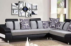 LR Blue Abstract Wall Art Picture Black White Stripes Checks Framed Split Panel Print Ready to Hang