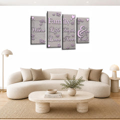 LR Family Love Quote Wall Art Picture – Grey & Pink Framed 4 Panel Split Canvas Print | Ready to Hang | Modern Wall Art for Living Room, Bedroom & Office