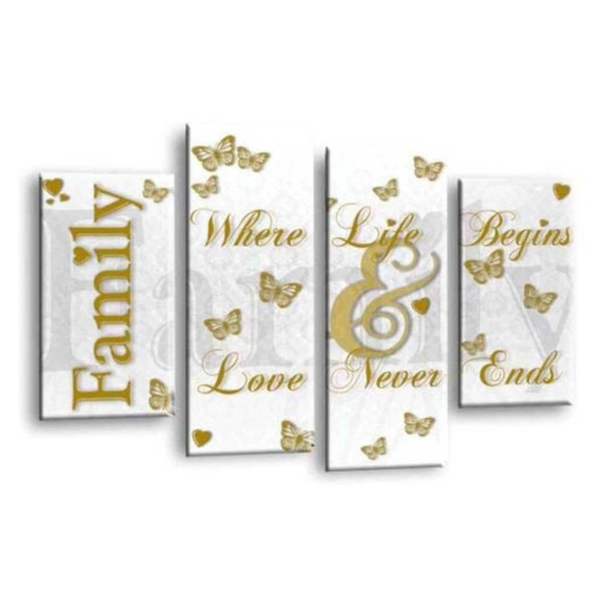LR Family Love Quote Wall Art Picture – Gold & White Framed 4 Panel Split Canvas Print | Ready to Hang | Modern Wall Art for Living Room, Bedroom & Office