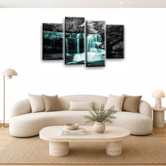 LR Waterfall Teal Wall Art Picture – Grey & Forest Framed 4 Panel Split Canvas Print | Ready to Hang | Modern Wall Art for Living Room, Bedroom & Office