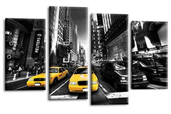 LR New York Taxi Wall Art Picture – Grey, Yellow & Black Skyline Framed 4 Panel Split Canvas Print | Ready to Hang | Modern Wall Art for Living Room, Bedroom & Office