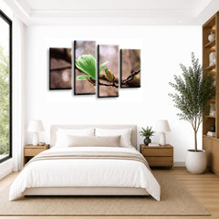 LR Floral Rose Wall Art Picture – Grey & Green Framed 4 Panel Split Canvas Print | Ready to Hang | Modern Wall Art for Living Room, Bedroom & Office