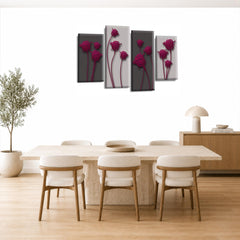 LR Purple Floral Rose Wall Art Picture – Grey Framed 4 Panel Split Canvas Print | Ready to Hang | Modern Wall Art for Living Room, Bedroom & Office