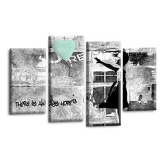 LR Banksy Heart Wall Art Picture – Grey & Duck Egg Graffiti Art Framed 4 Panel Split Canvas Print | Ready to Hang | Modern Wall Art for Living Room, Bedroom & Office