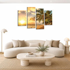 LR Sunset Beach Wall Art Picture – Seascape Framed 4 Panel Split Canvas Print | Ready to Hang | Modern Wall Art for Living Room, Bedroom & Office