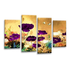 LR Floral Rose Poppy Wall Art Picture – Purple & Cream Framed 4 Panel Split Canvas Print | Ready to Hang | Modern Wall Art for Living Room, Bedroom & Office