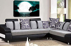 LR Abstract Landscape Wall Art Picture Teal Black White Big Moon Seascape Framed Canvas Print