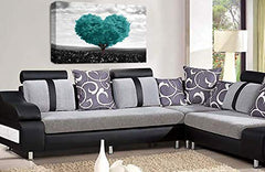 LR Floral Wall Art Love Heart Canvas Picture Abstract Teal White Grey Flower Landscape Framed Panel Print Ready to Hang