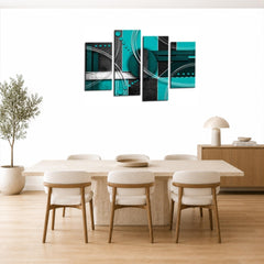 LR Abstract Wall Art Picture – Grey, Teal & White Modern Framed 4 Panel Split Canvas Print | Ready to Hang | Modern Wall Art for Living Room, Bedroom & Office
