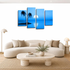LR Sunset Wall Art Picture – Blue Beach Seascape Framed 4 Panel Split Canvas Print | Ready to Hang | Modern Wall Art for Living Room, Bedroom & Office