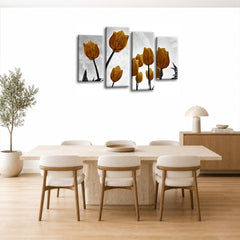 LR Floral Rose Tulip Wall Art Picture – Grey & Mustard Framed 4 Panel Split Canvas Print | Ready to Hang | Modern Wall Art for Living Room, Bedroom & Office