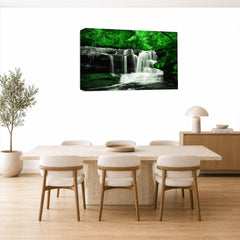 LR Green Waterfall Wall Art Picture – Grey & White Forest Framed Canvas Print | Ready to Hang | Modern Wall Art for Living Room, Bedroom & Office