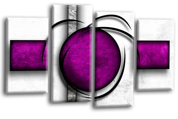 LR Abstract Wall Art Picture – Purple & White Modern Framed 4 Panel Split Canvas Print | Ready to Hang | Modern Wall Art for Living Room, Bedroom & Office