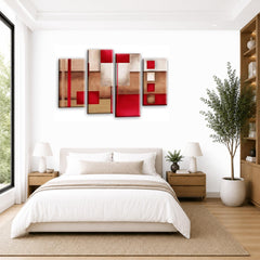 LR Red Abstract Wall Art Picture – Cream Modern Framed 4 Panel Split Canvas Print | Ready to Hang | Modern Wall Art for Living Room, Bedroom & Office