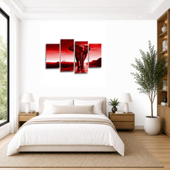 LR Elephant Sunset Wall Art Picture – Grey & Red African Framed 4 Panel Split Canvas Print | Ready to Hang | Modern Wall Art for Living Room, Bedroom & Office