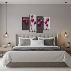 LR Floral Wall Art Picture – Purple & Grey Framed 4 Panel Split Canvas Print | Ready to Hang | Modern Wall Art for Living Room, Bedroom & Office