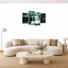 LR Waterfall Forest Wall Art Picture – Grey, White & Duck Egg Framed 4 Panel Split Canvas Print | Ready to Hang | Modern Wall Art for Living Room, Bedroom & Office