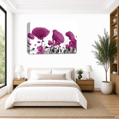 LR Floral Poppy Rose Wall Art Picture – Purple, White & Plum Framed Canvas Print | Ready to Hang | Modern Wall Art for Living Room, Bedroom & Office