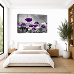 LR Grey Floral Wall Art Picture – Purple & White Poppy Framed Canvas Print | Ready to Hang | Modern Wall Art for Living Room, Bedroom & Office