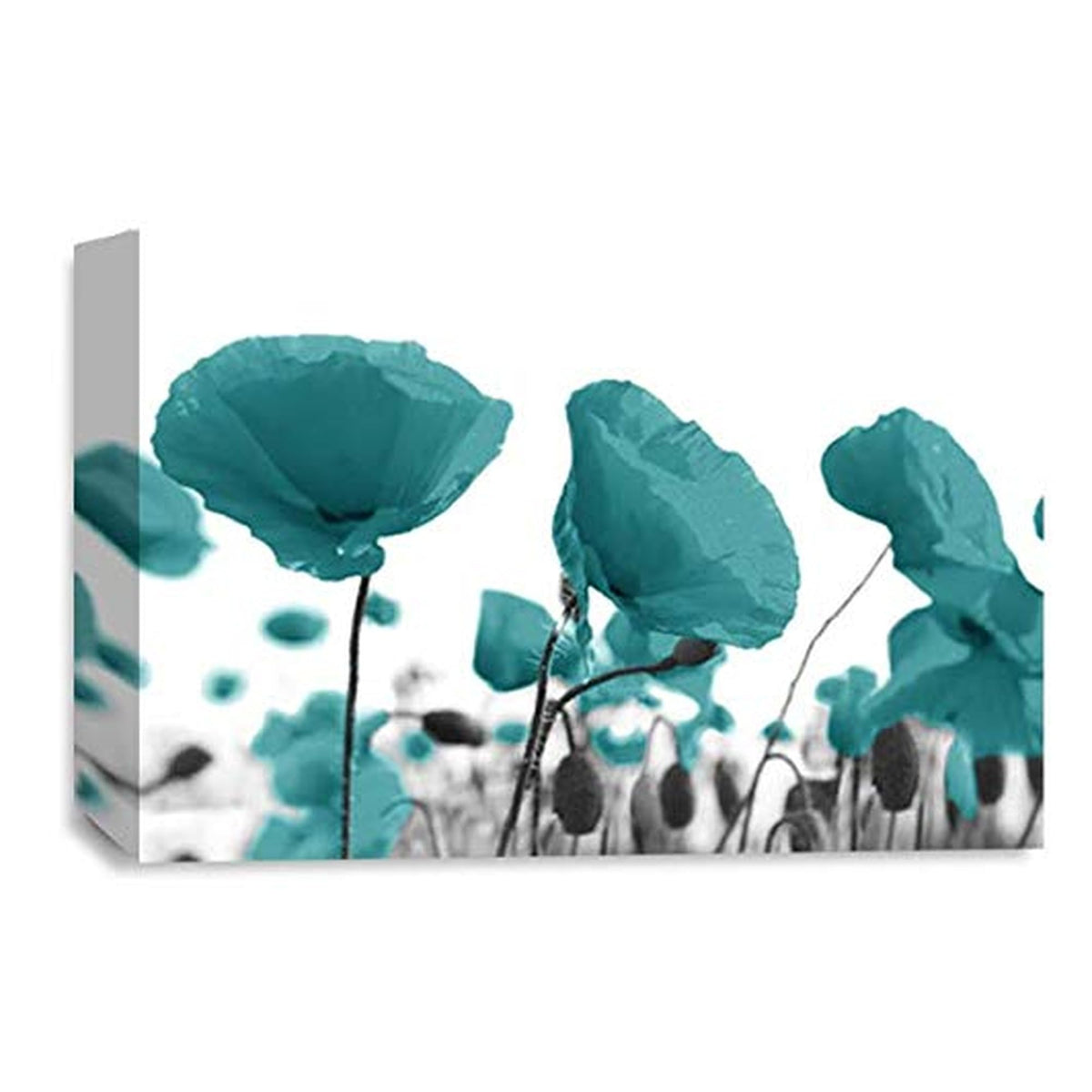 LR Floral Poppy Rose Wall Art Picture – Teal & White Framed Canvas Print | Ready to Hang | Modern Wall Art for Living Room, Bedroom & Office