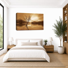 LR Landscape Wall Art Picture – Cream & Brown Mountain Lake Framed Canvas Print | Ready to Hang | Modern Wall Art for Living Room, Bedroom & Office